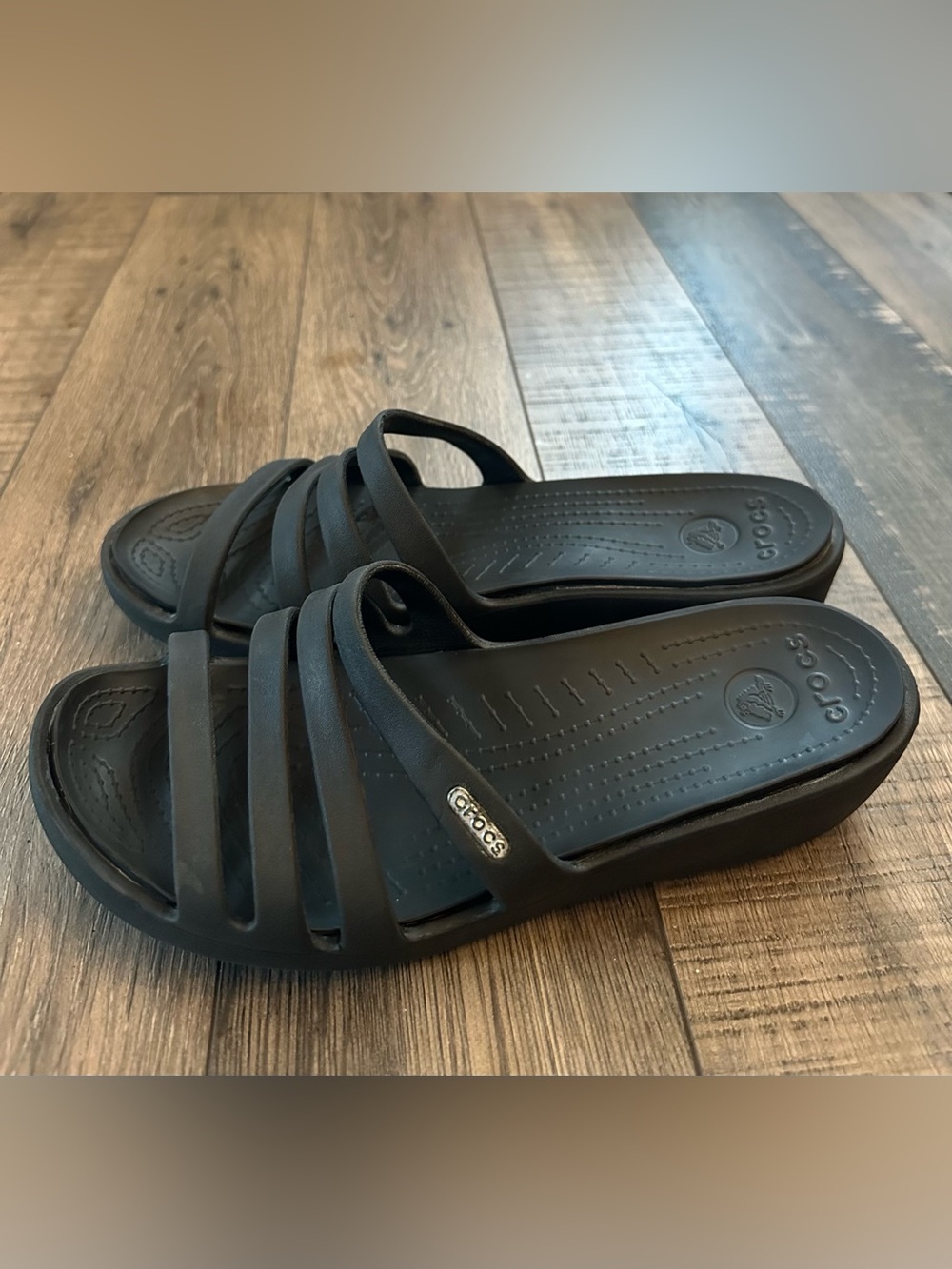 Crocs Rhonda Wedge Slide Women's 10 Black Comfort Strappy Sandals Lightweight
